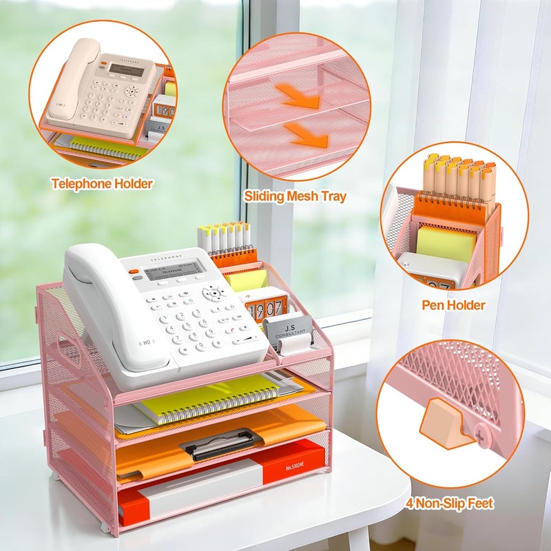 Docnest 4 Tier Metal Mesh Letter Tray - Space Saving Desk File Organizer with Handle, Pen Holder & Folder Holder - Desktop Document Sorter for Office, Home, School, Classroom - Pink - Image 4